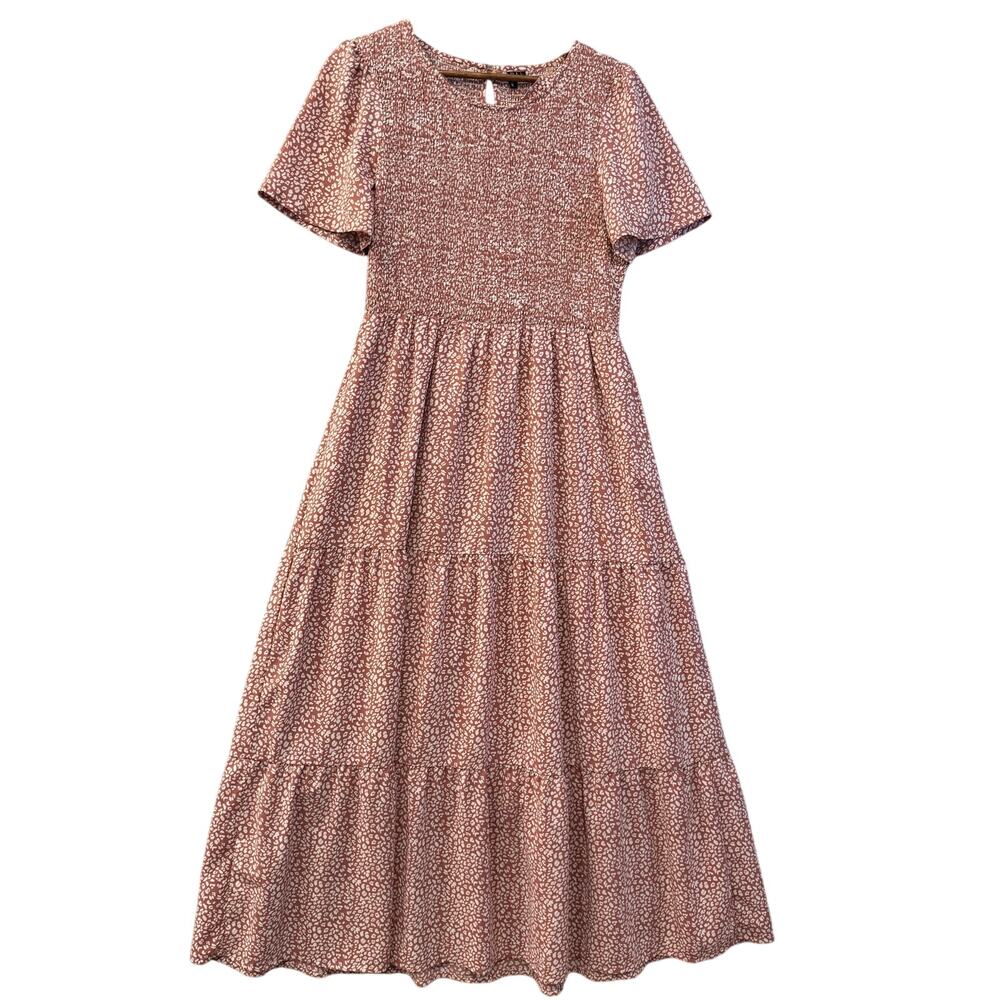Zattcas Womens Large Dusty Pink Floral Smocked Maxi Dress Flutter Sleeve Tiered
